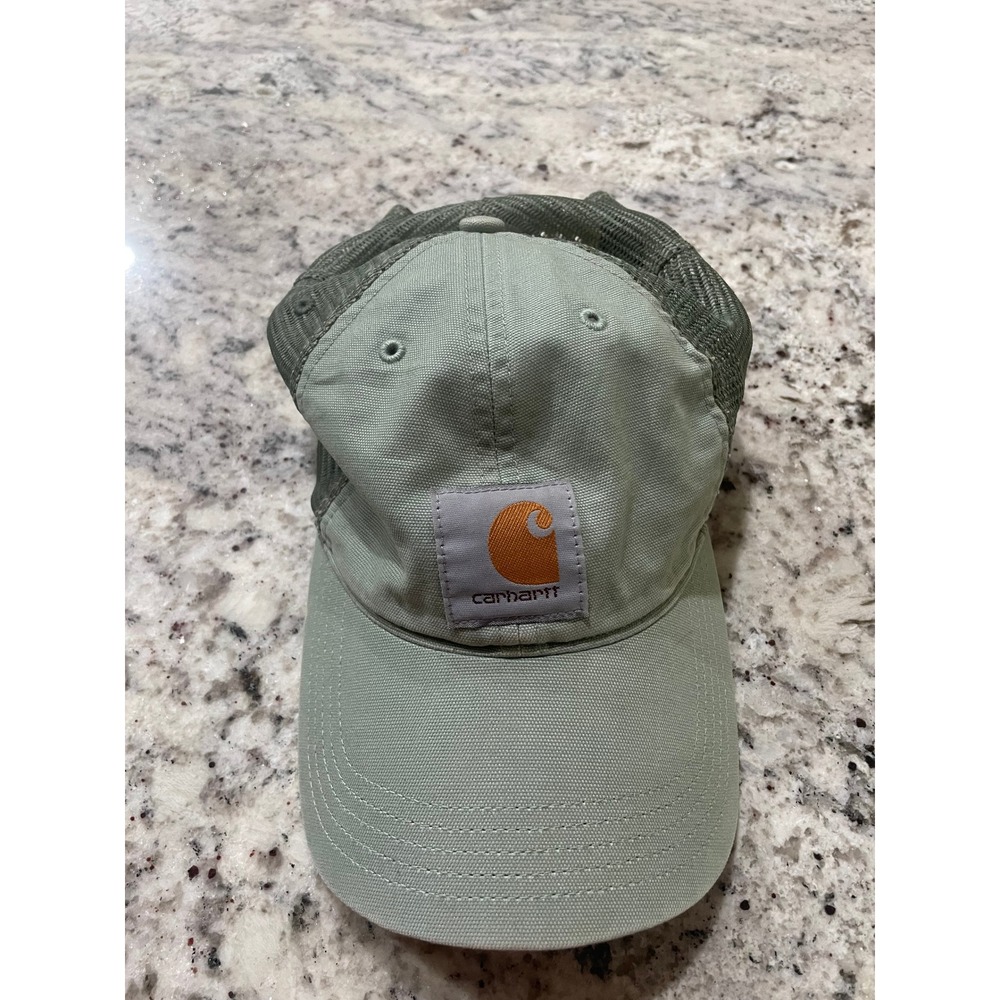 Carhartt Mens Sage Green Canvas Mesh Back Trucker Hat Snapback Logo Patch Cap